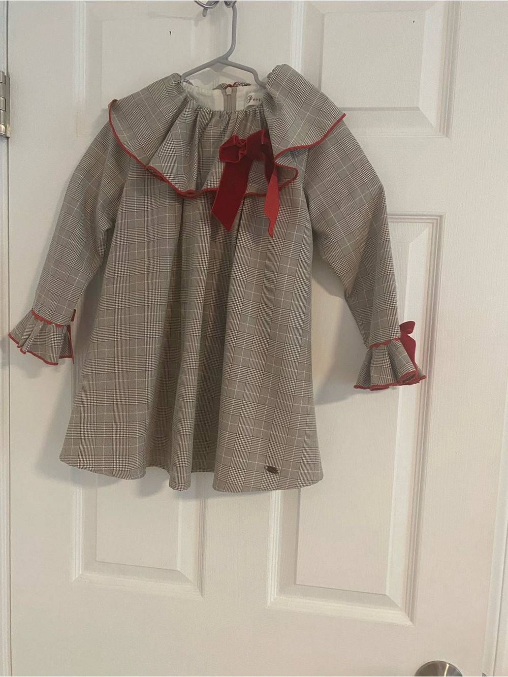 Girls Plaid Ruffle Collar Dress with Red Trim